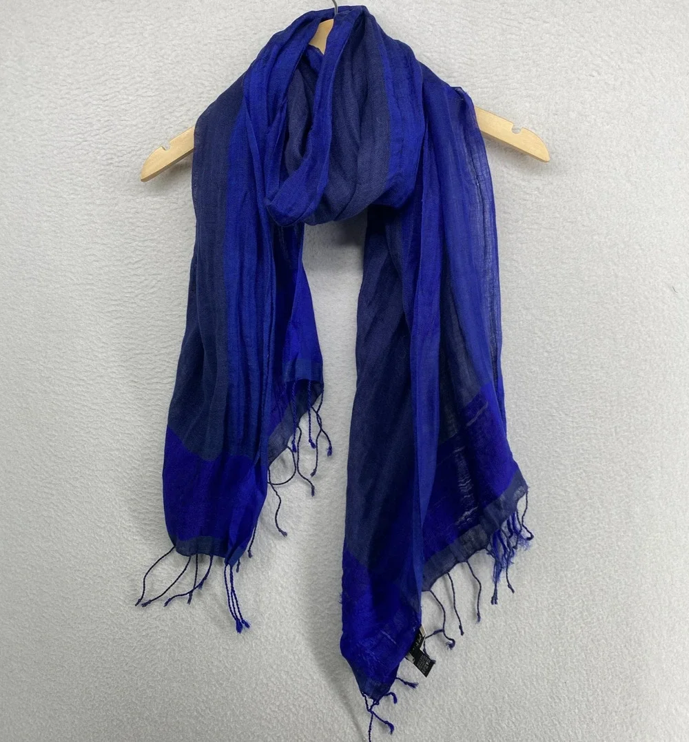 PAUL SMITH Scarf Womens Linen Silk Wrap Rectangle Tasseled Blue 21